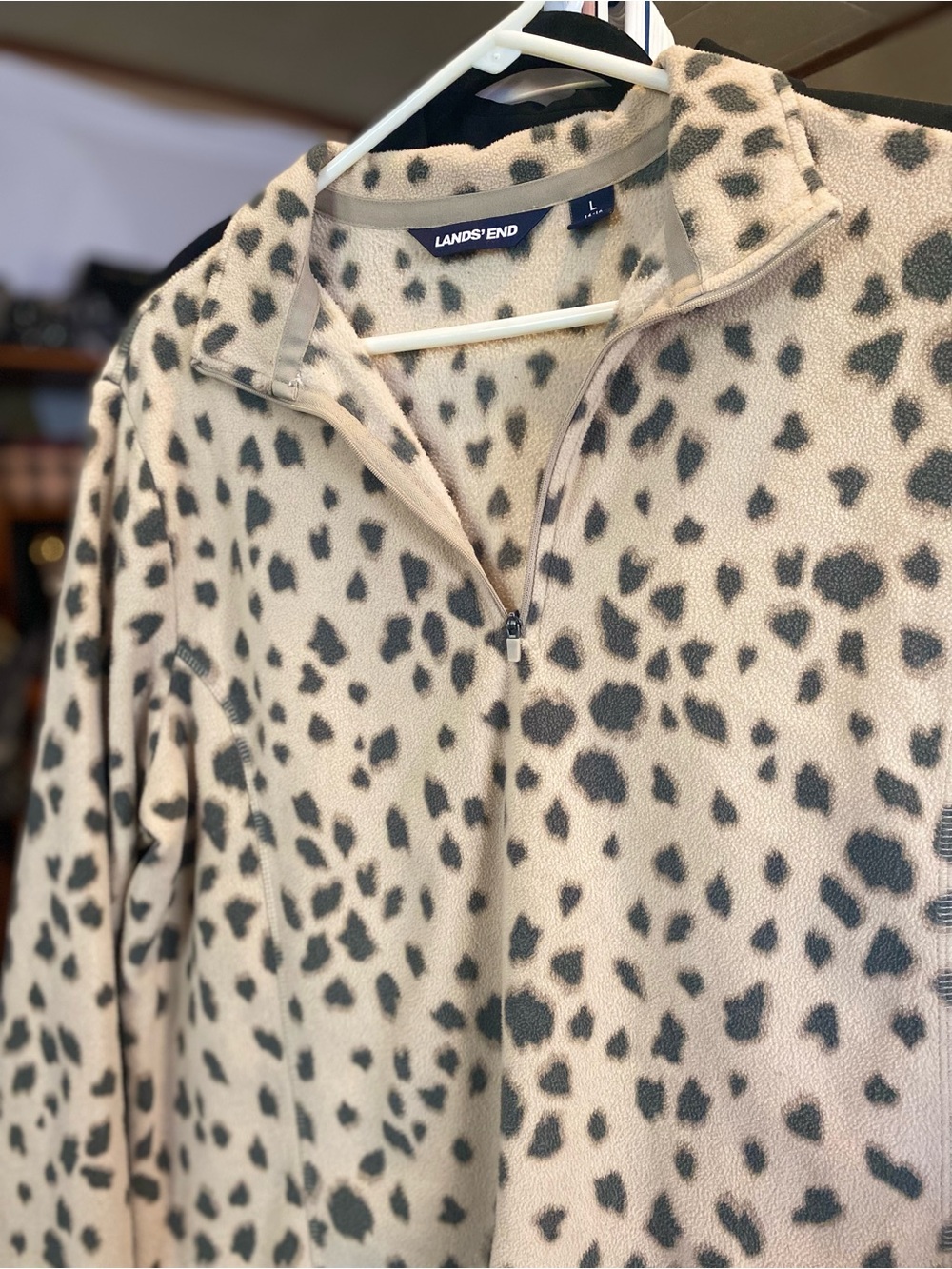 Lands' End Cream Fleece Quarter Zip Pullover with Gray Spot Animal Print - Picture 3 of 4